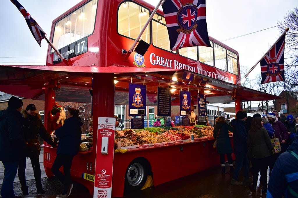 Lincoln Christmas Market Red Bus Great British Fudge Company bus
