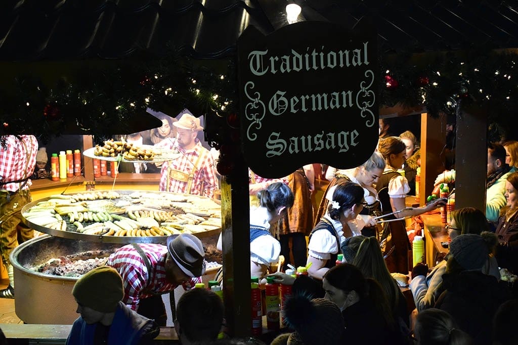 Lincoln Christmas Market German Sausage Lincoln Christmas Market Traditional German Sausage stall at night