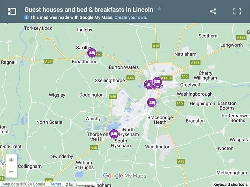 Guest Houses B&Bs Lincoln Map Map of guest houses and bed and breakfasts in Lincoln