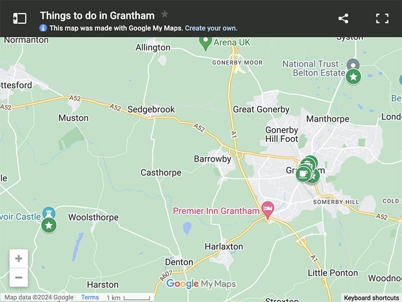 Map of things to do in Grantham, Lincolnshire
