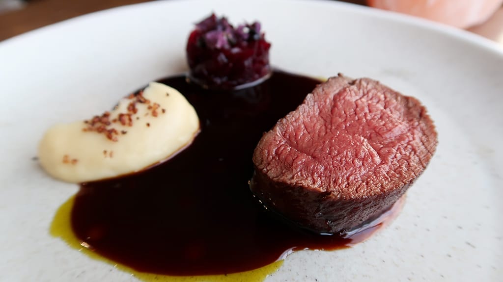 Roe Deer Glaze Jus Roe deer with parsnip, beetroot, fig leaf, and port and bone marrow jus
