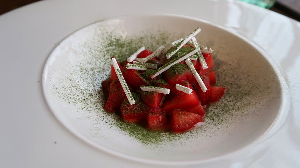 Dessert: strawberry, white chocolate, lemon verbena and meringue